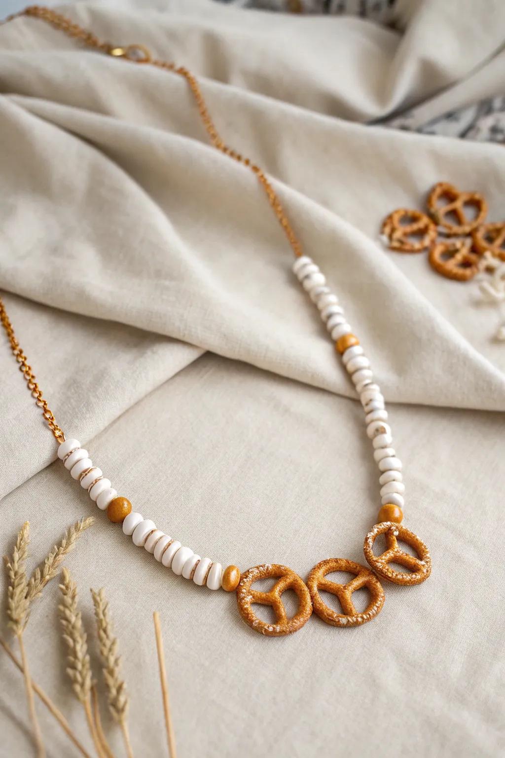 Elevate your style with a touch of whimsy: a chic cheese and pretzel necklace that combines artisan craftsmanship with playful elegance.