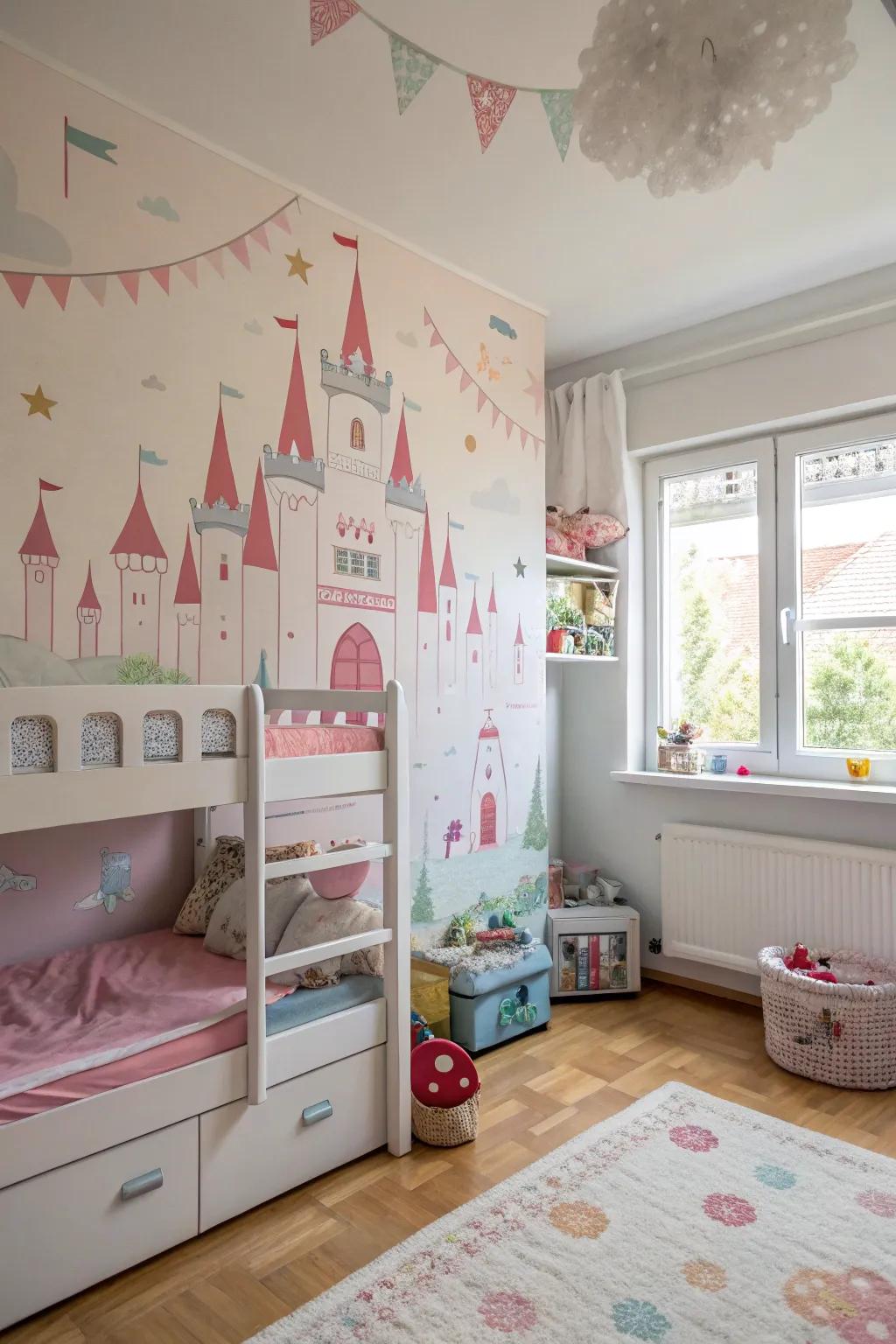 A whimsical wall mural depicting a fairy tale castle in pastel hues.