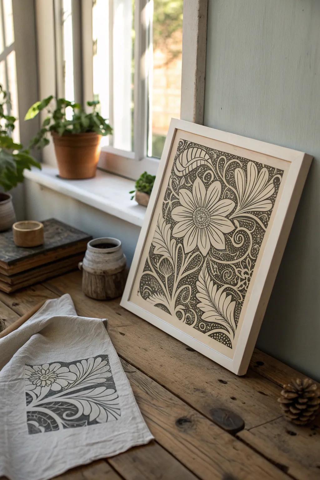 Add a touch of handmade elegance to your space with intricate linocut art.