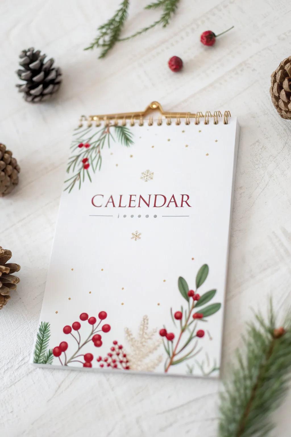 Embrace the festive season with a touch of minimalist elegance. This December calendar infuses simplicity with the warmth of holiday hues.