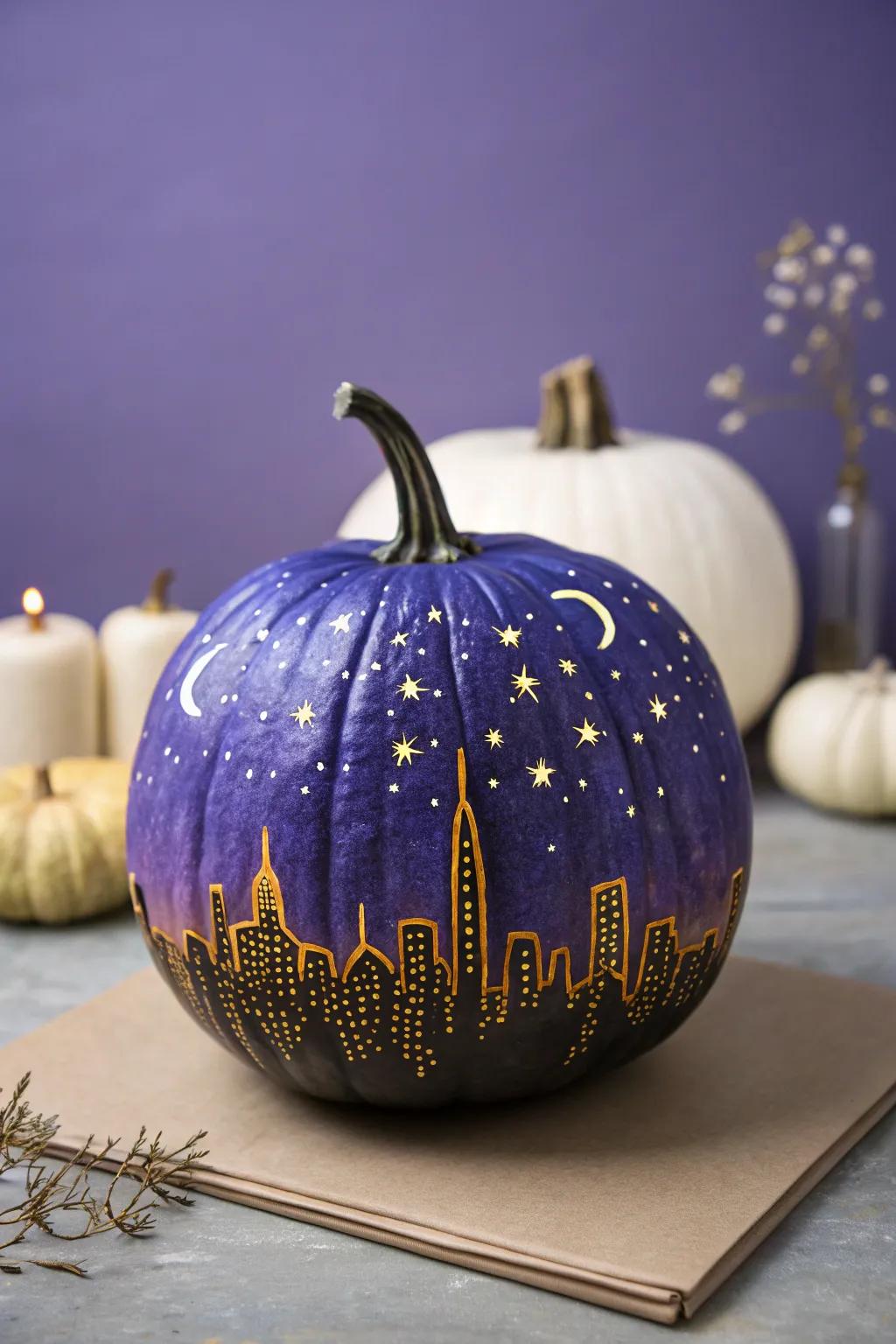 Transform your pumpkin into a twilight masterpiece with this stunning cityscape design.