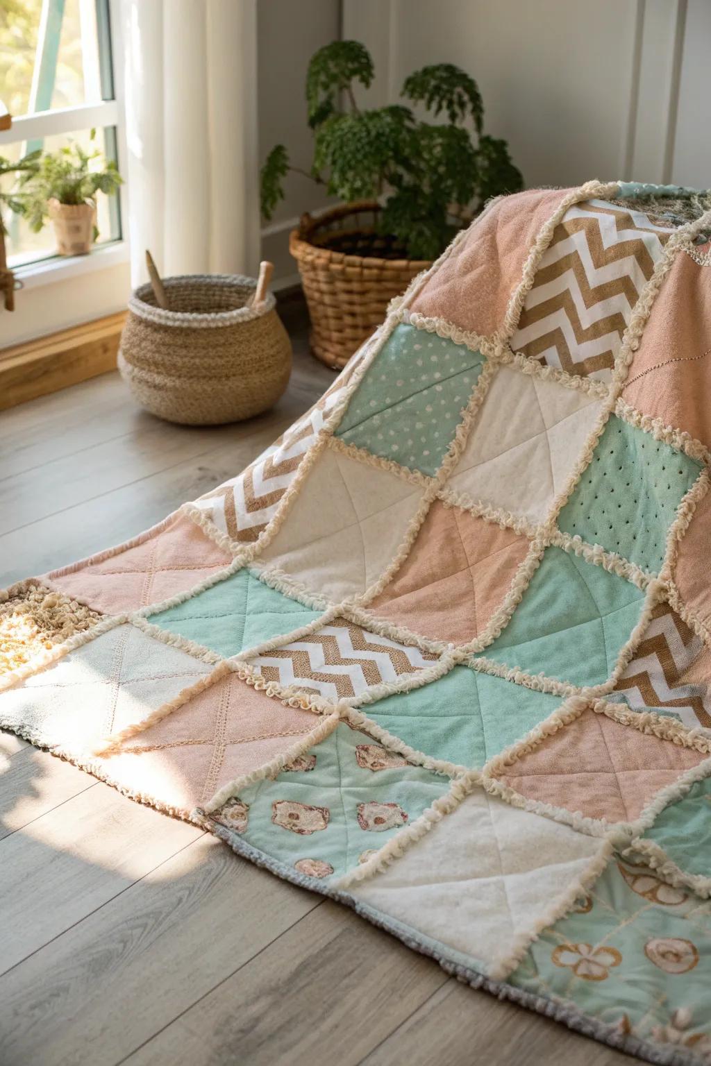 Embrace the cozy elegance of a chevron-patterned rag quilt, where craftsmanship meets natural beauty.