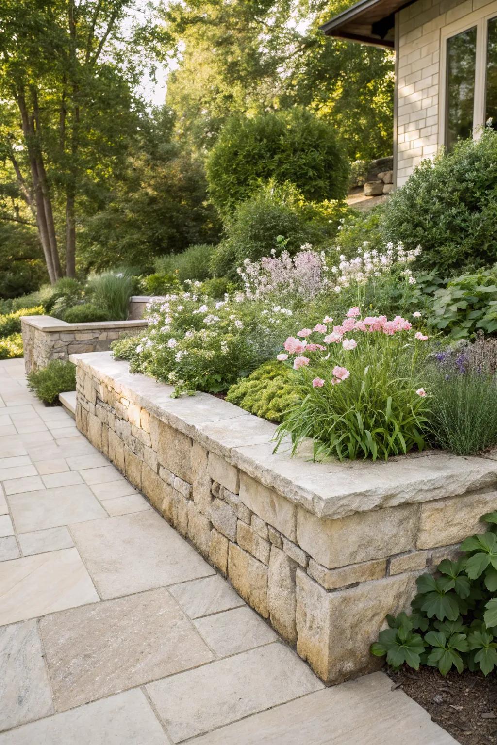 Elevate your garden with the timeless elegance of a stone raised flower bed, where natural beauty meets minimalist design.