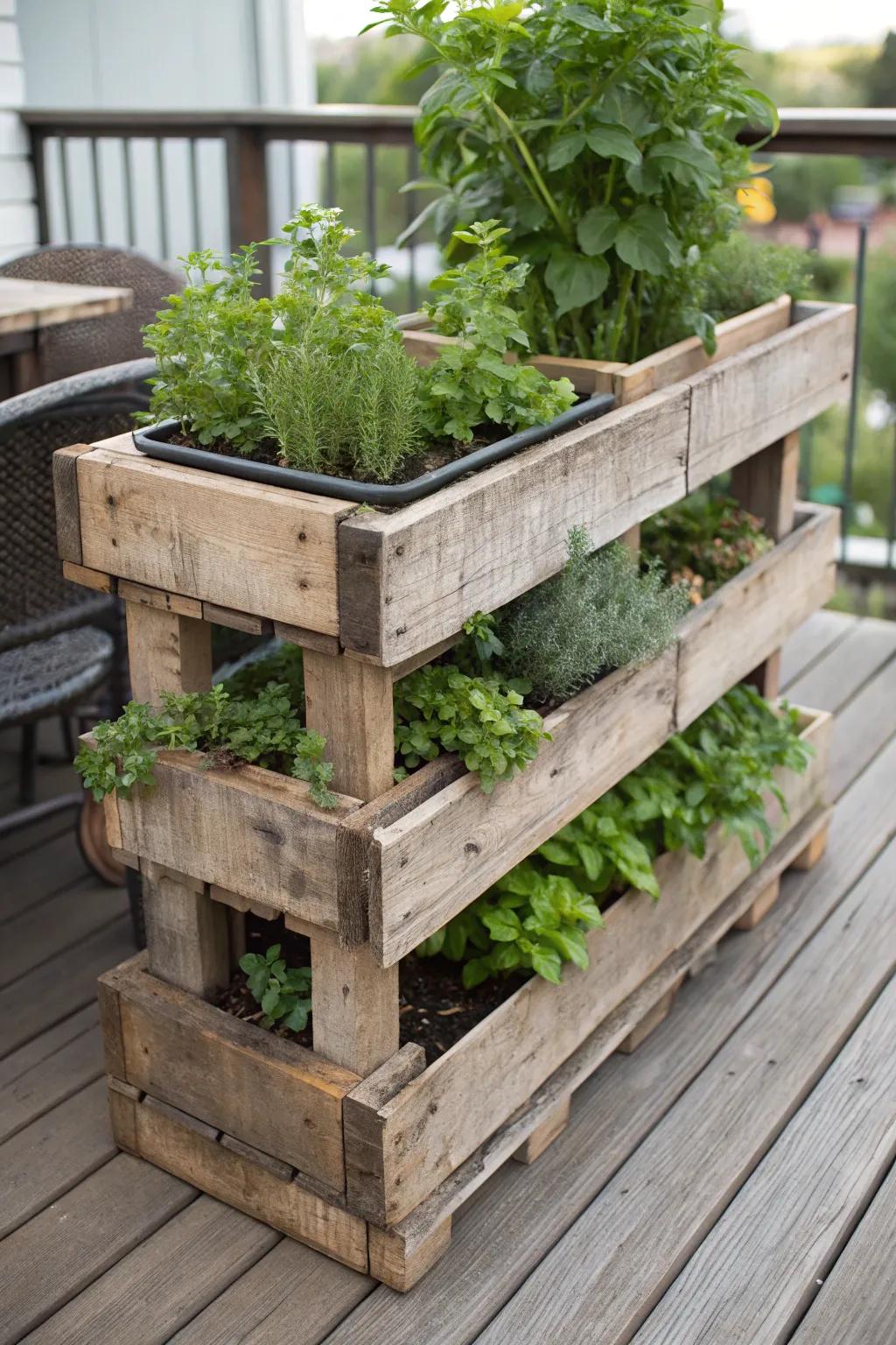 Elevate your patio with a stunning tiered herb garden made from pallets—where craftsmanship meets greenery.