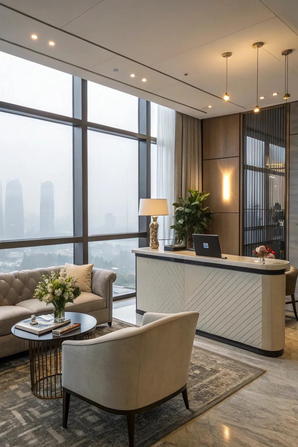 A welcoming reception area with a modern desk and cozy seating.