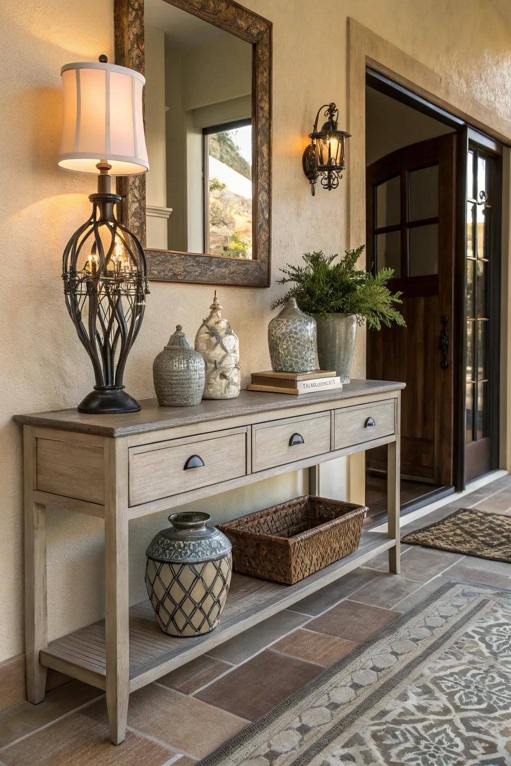 A console table with character provides style and practicality in the entryway.