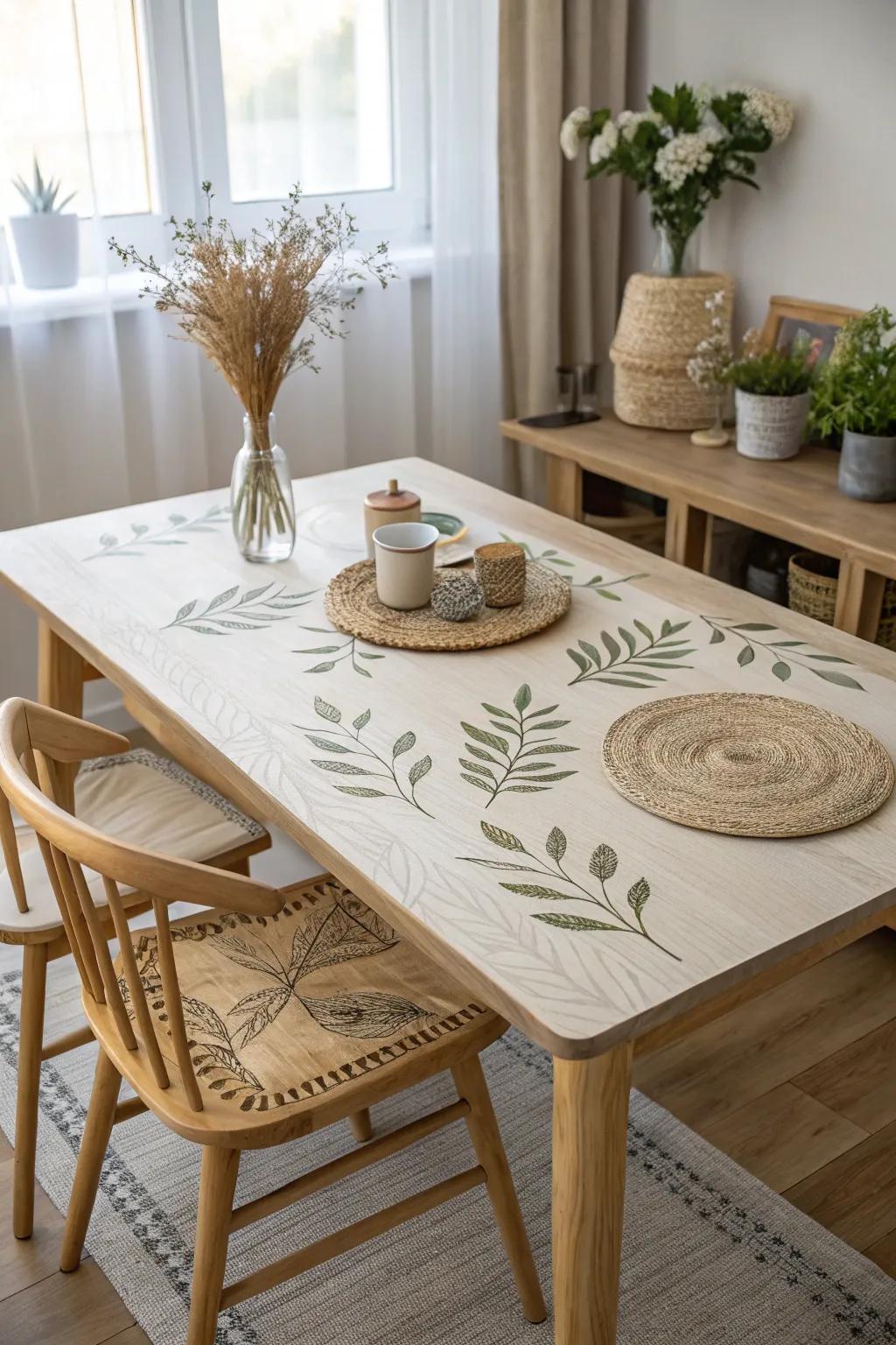 Transform your dining space with a touch of whimsy. Add a stenciled leaf pattern for an effortless, handcrafted charm.