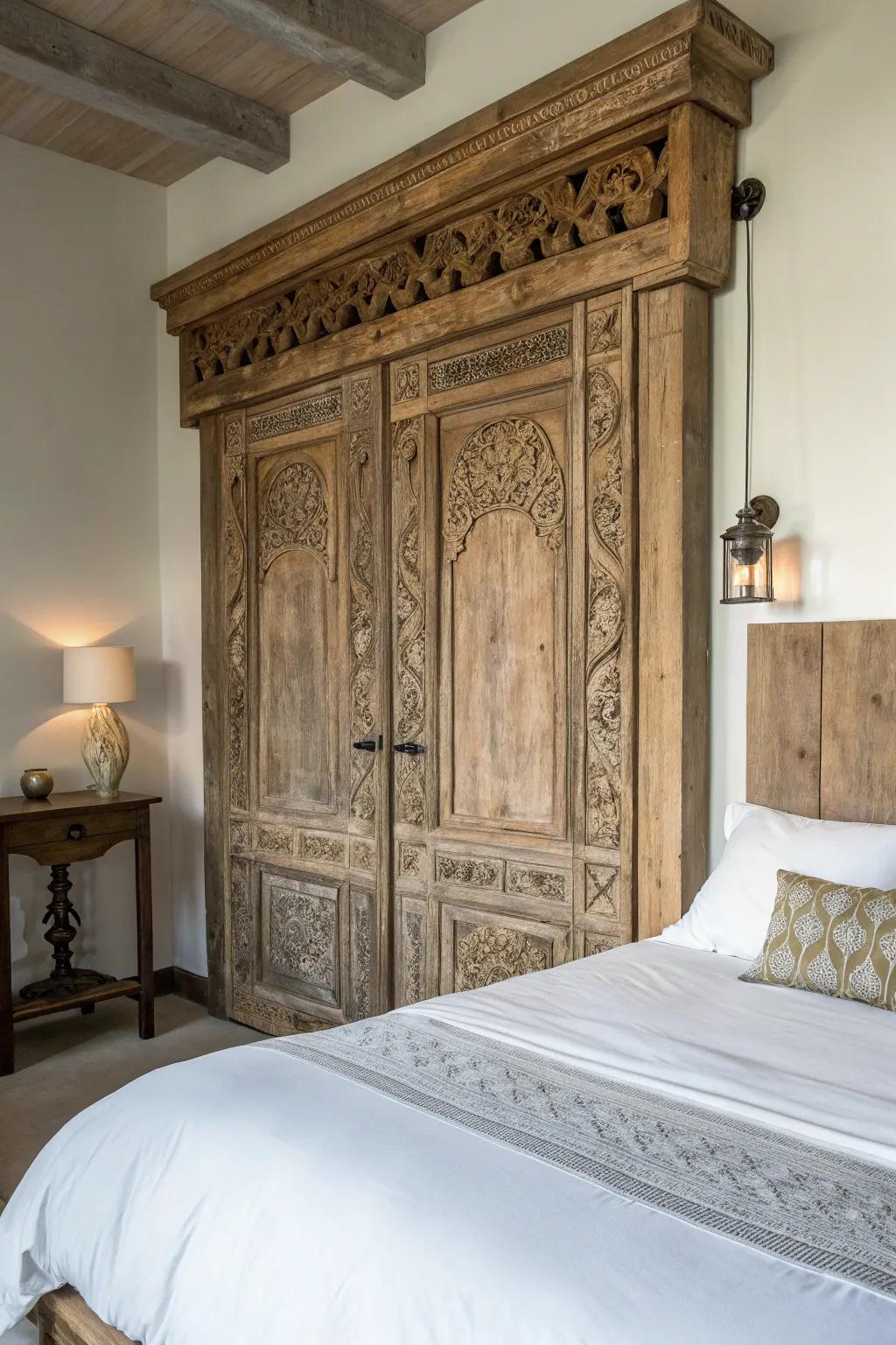 Transform your sleep space with a rustic headboard crafted from a vintage door, merging history with style.