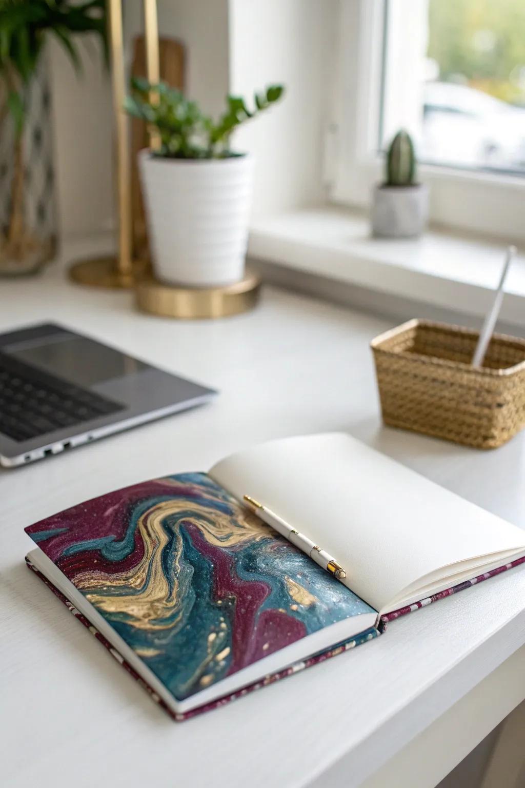 Bring a splash of creativity to your desk with a mesmerizing marbled resin notebook.