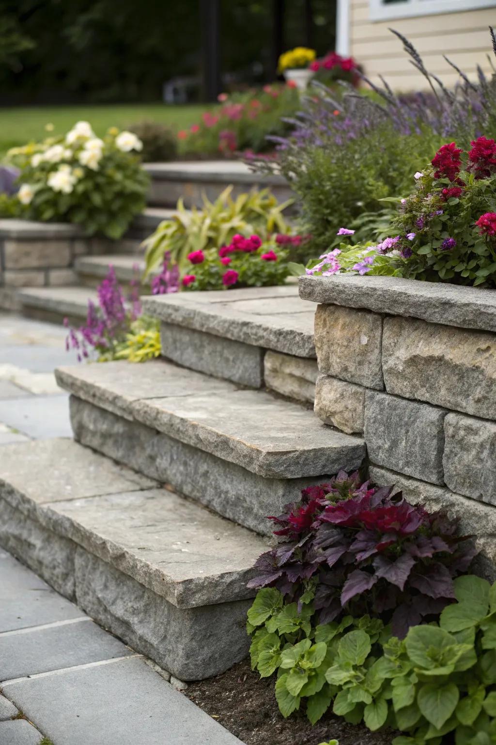 Craftsmanship meets nature: A vibrant blend of stonework and greenery.
