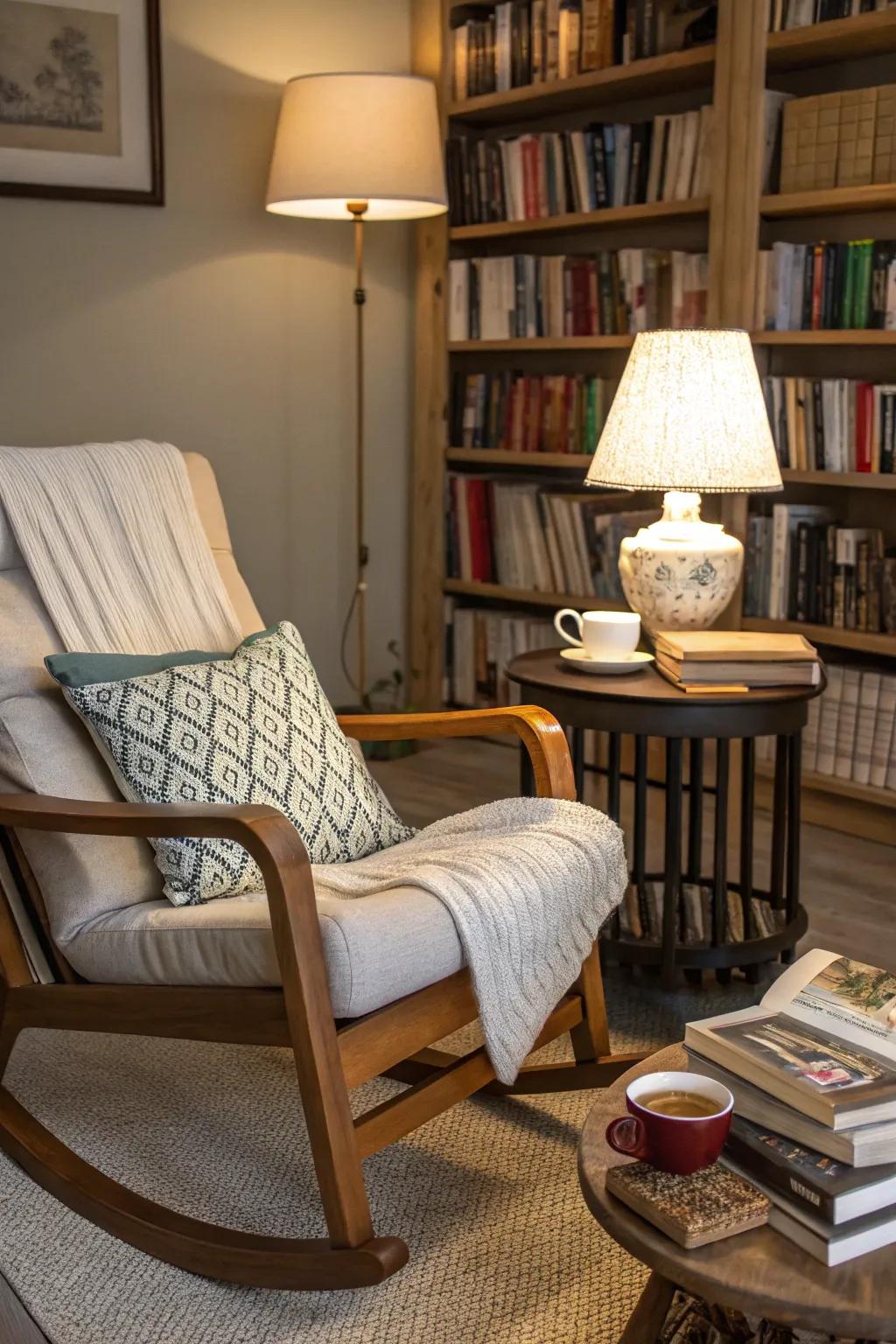 A cozy reading nook featuring a charming rocking chair setup.