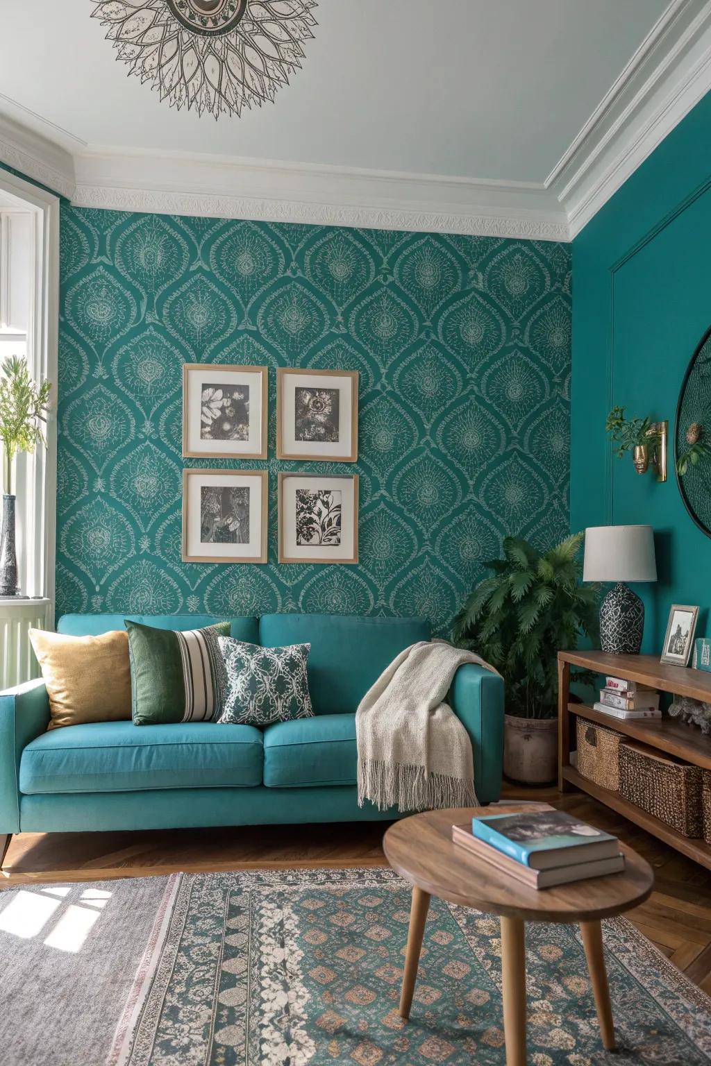 Elevate your space with a captivating teal accent wall, where minimalist elegance meets boho charm.