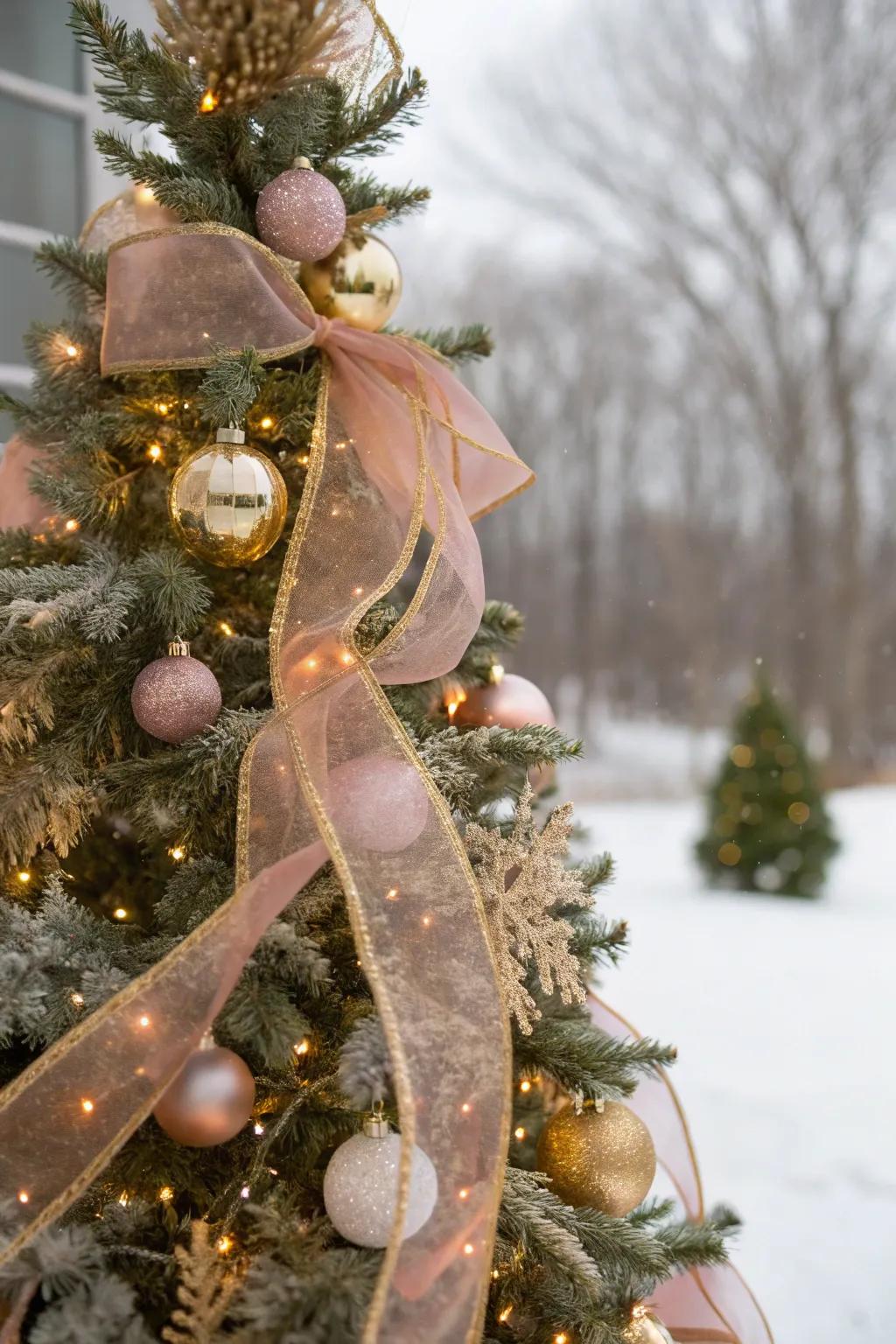 Blush and gold ribbons beautifully cascading down a Christmas tree.