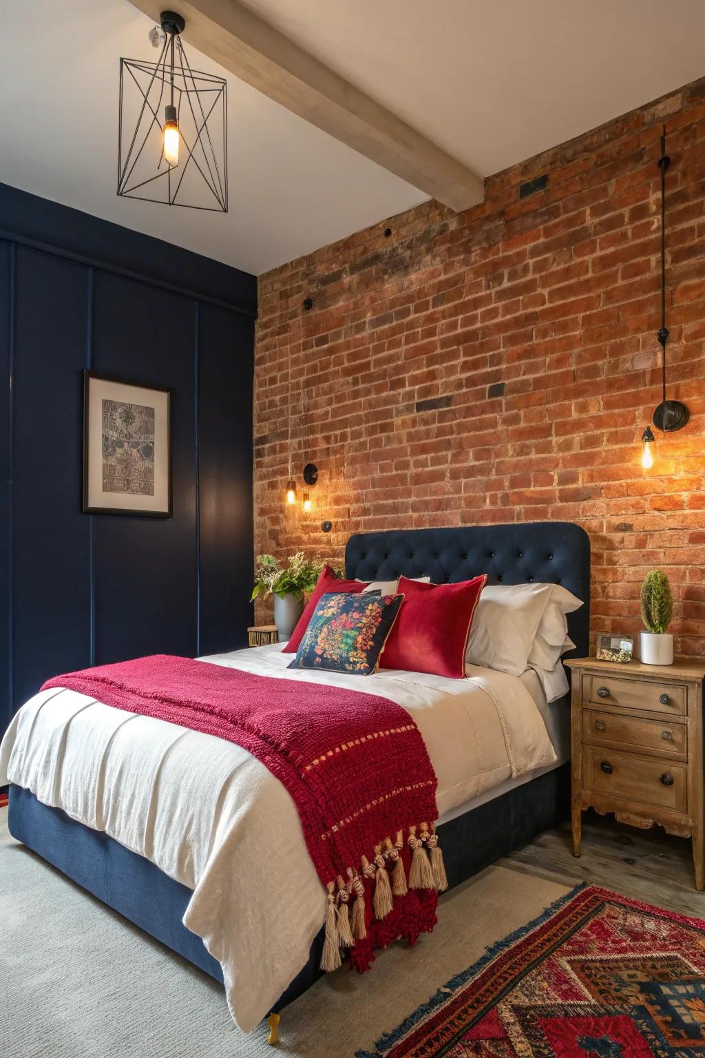 A bold and modern bedroom that perfectly complements the rustic brick wall.