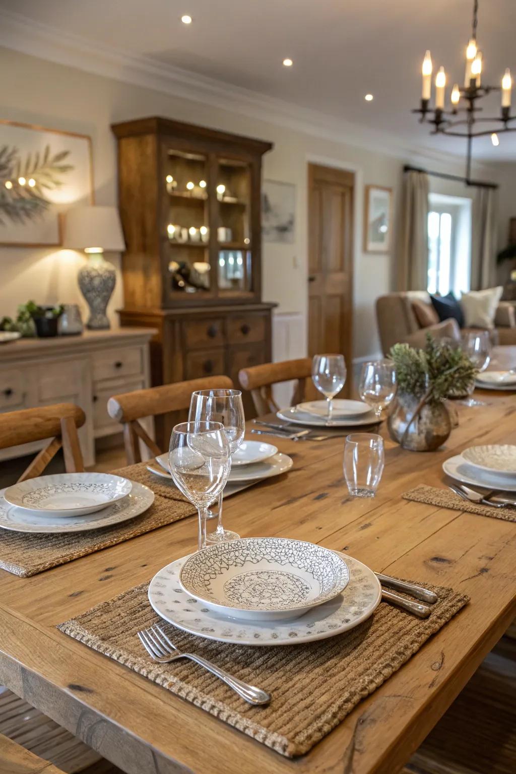 Raw wood dining table paired with elegant settings for a rustic glam vibe.