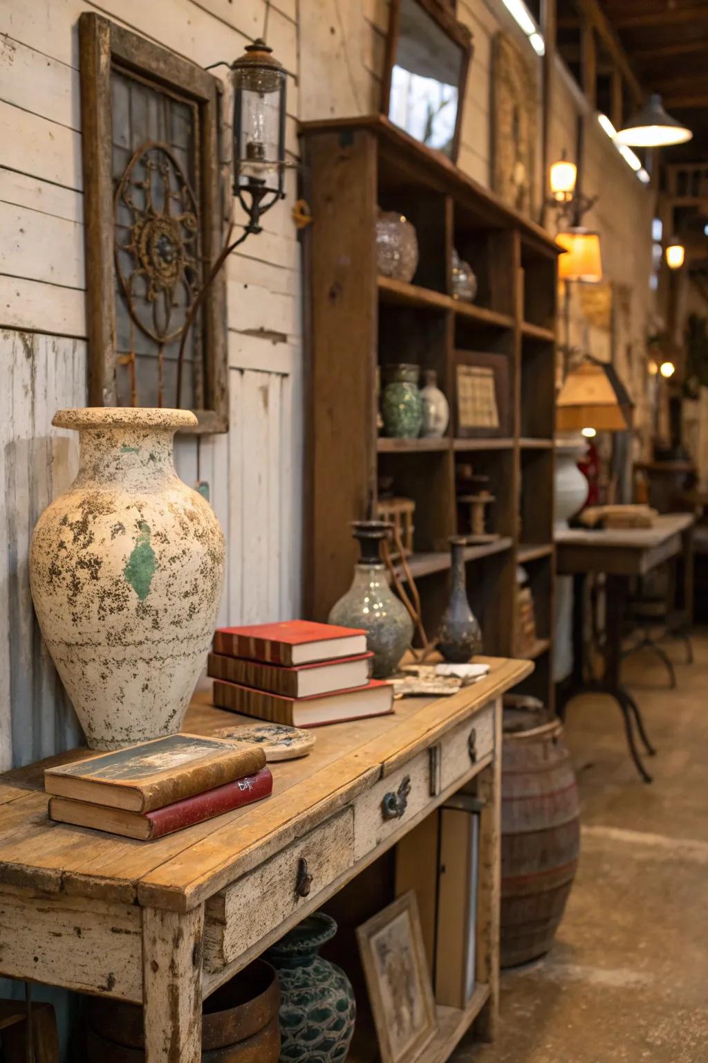A charming corner of a rustic shop featuring vintage and distressed elements.