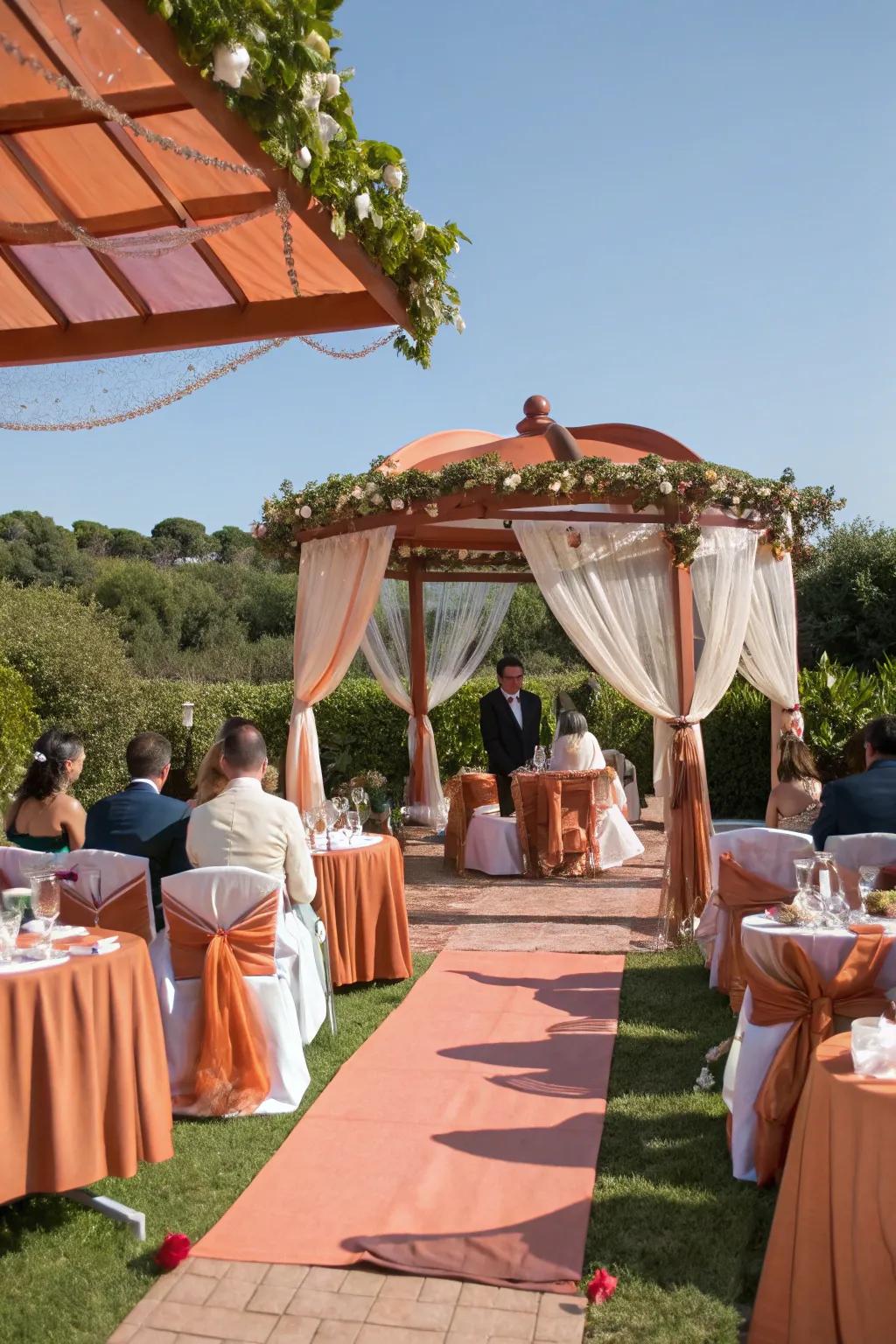 Terracotta and champagne add warmth and elegance to a rustic wedding.