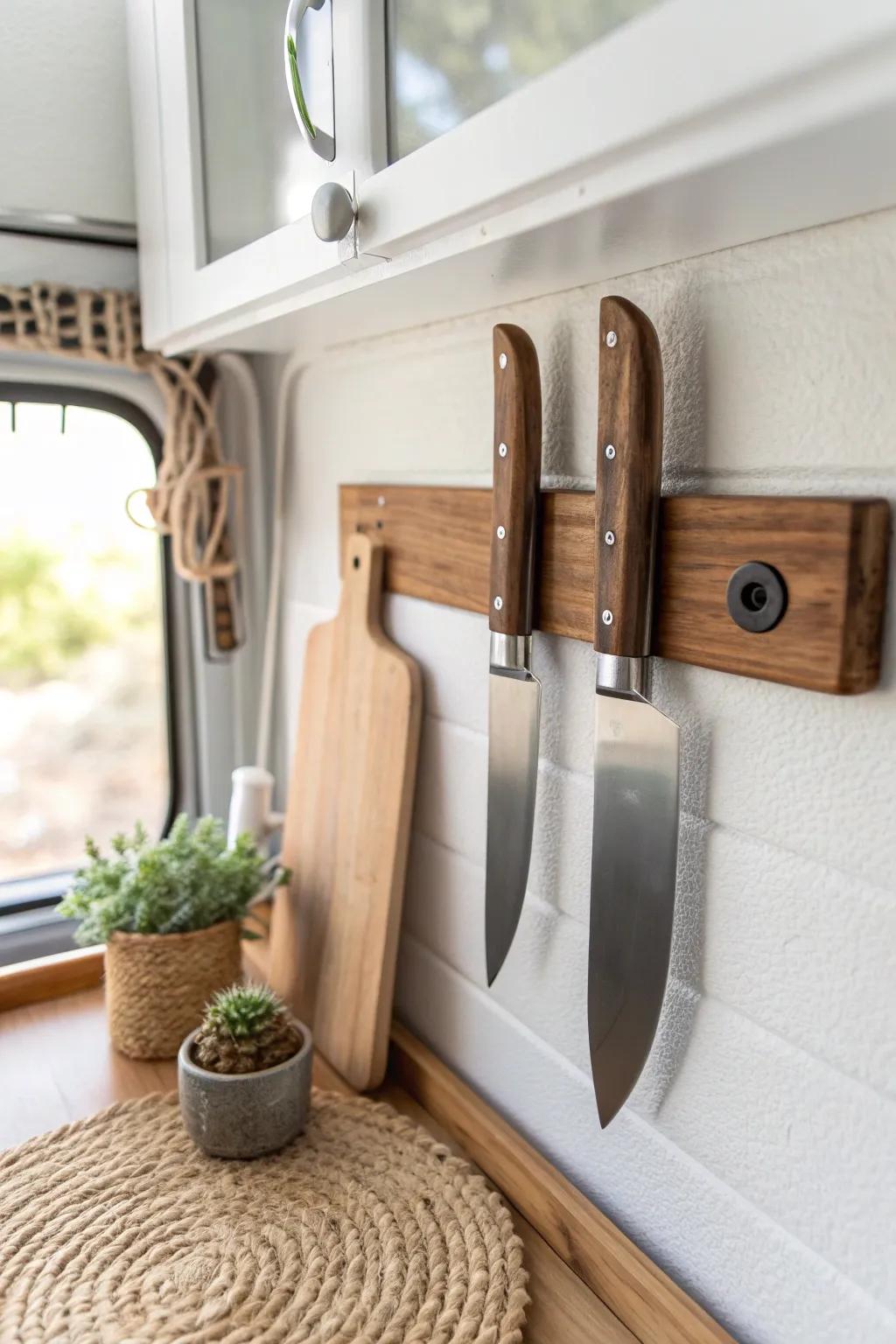Elevate your RV kitchen with a touch of minimalist elegance—magnetic knife strips for sleek, space-saving style.
