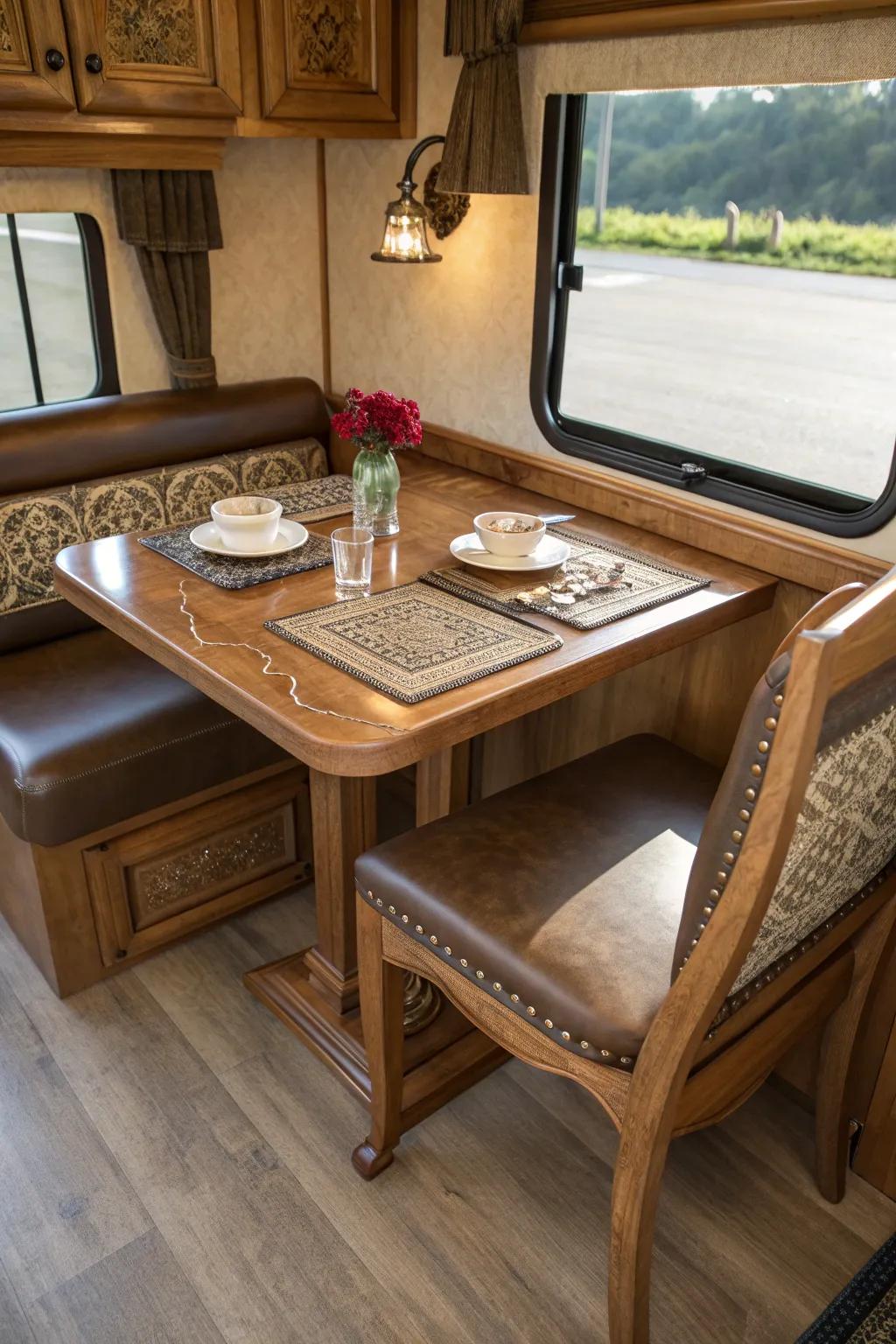Elevate your RV dining experience with the timeless charm of handcrafted furniture.