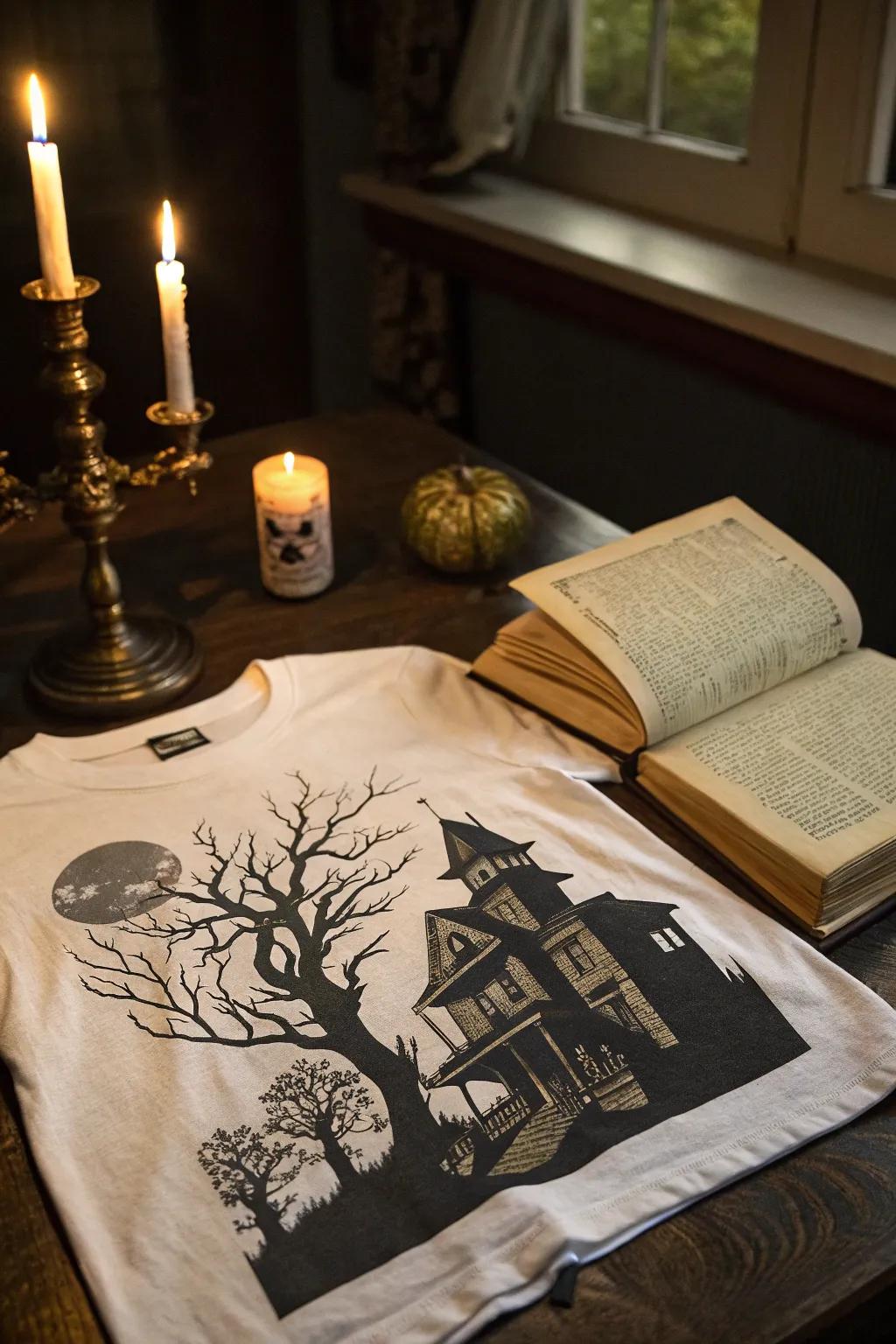 A haunting shirt design featuring a spooky haunted house and shadows.