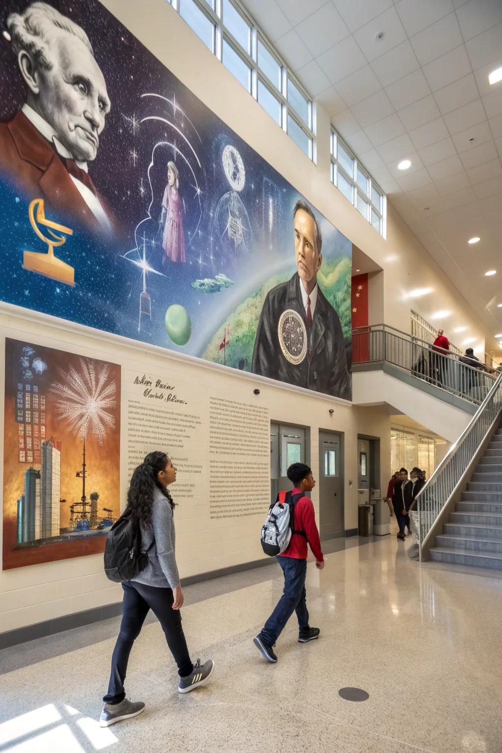 An educational mural in a school lobby, inspiring students with history and science.