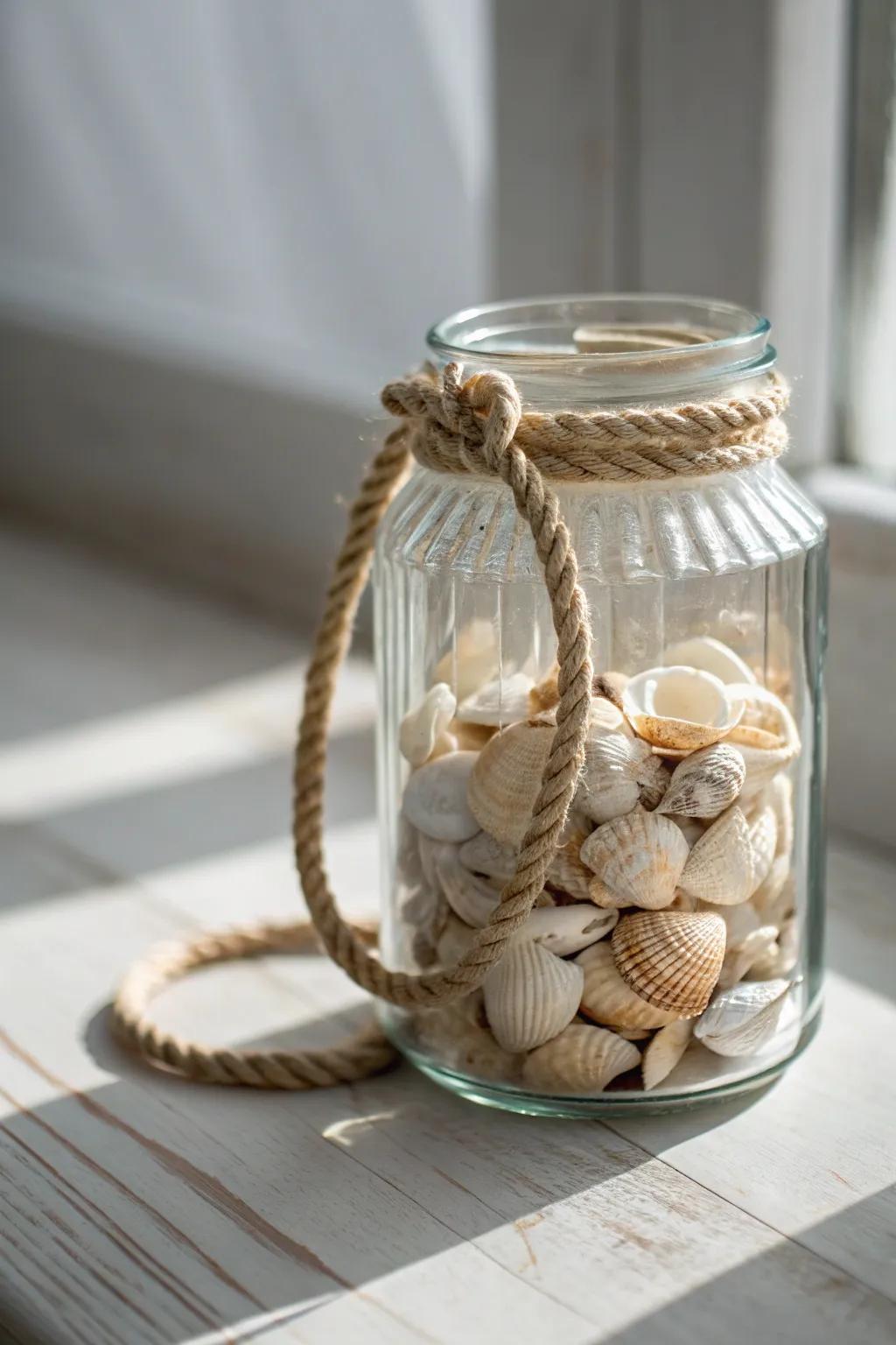 Embrace seaside serenity with this charming nautical rope accent on your seashell jar.