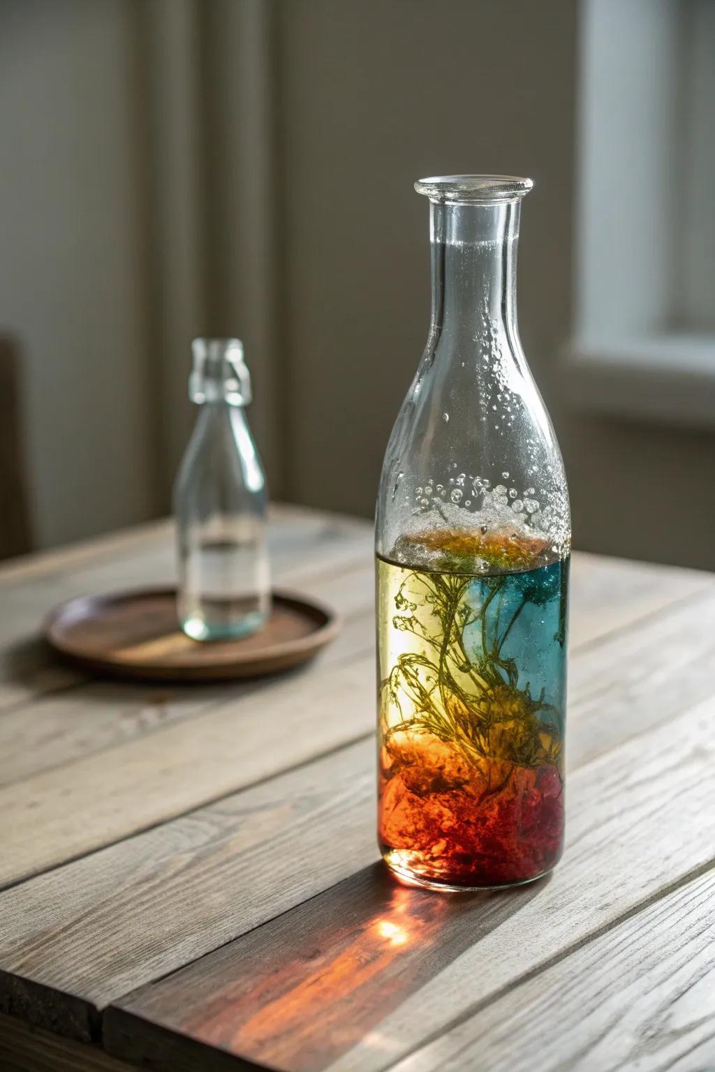 Discover the enchanting dance of oil and water in this minimalist sensory bottle, a perfect blend of simplicity and beauty.