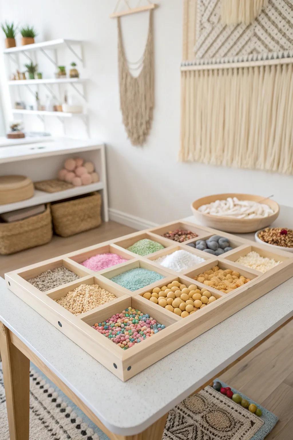 Discover the joy of textures with our minimalist sensory table, where little fingers explore a world of wonder.
