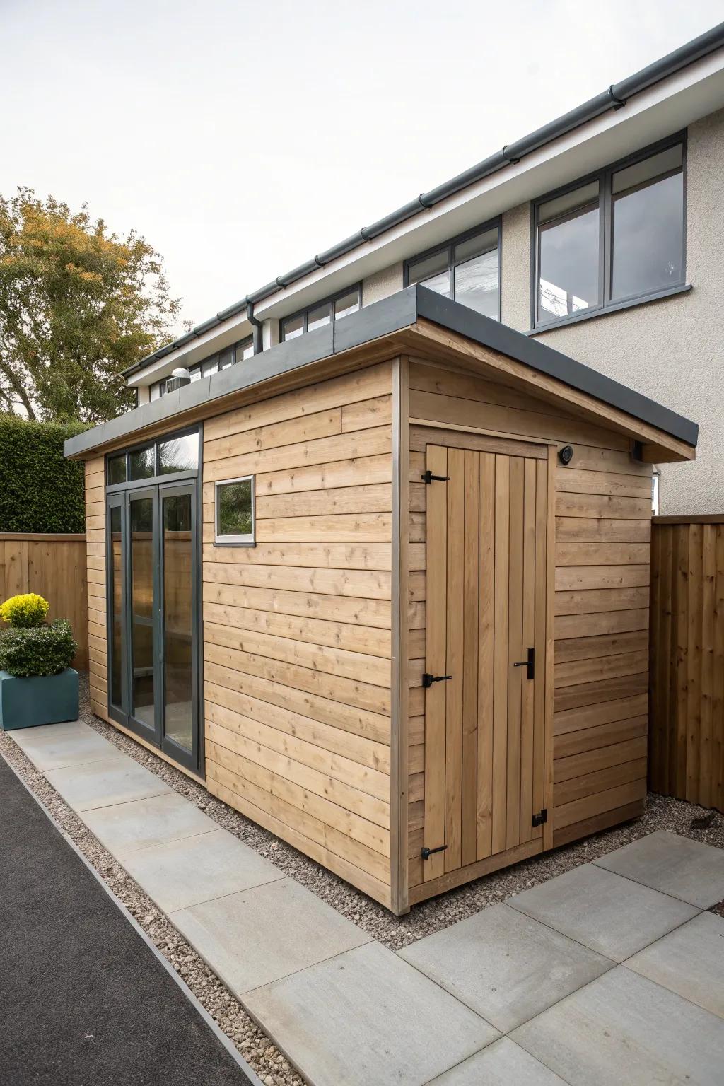 Discover the elegance of functionality with this modern lean-to shed, a perfect blend of style and practicality.