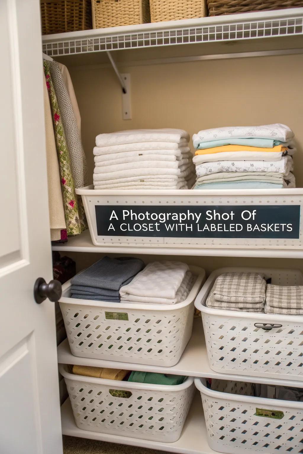 Organize sheets by size or room with labeled baskets for easy access.