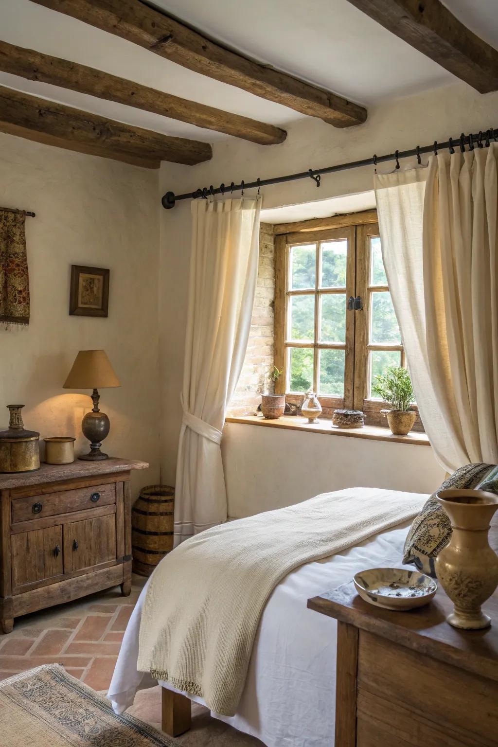 Linen curtains add a touch of rustic elegance and texture to any bedroom setting.