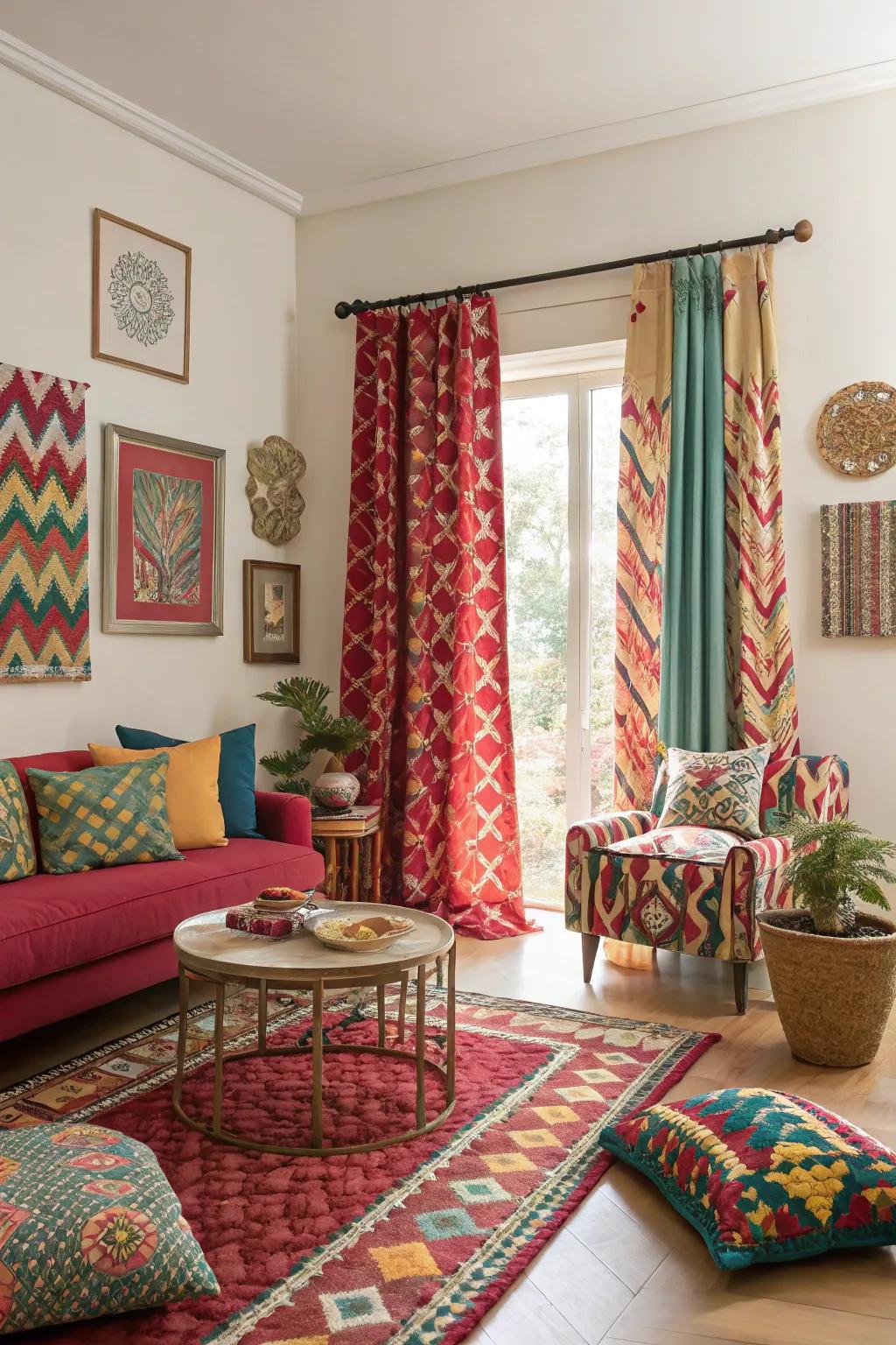 Bold patterned short curtains that bring life to the living room.