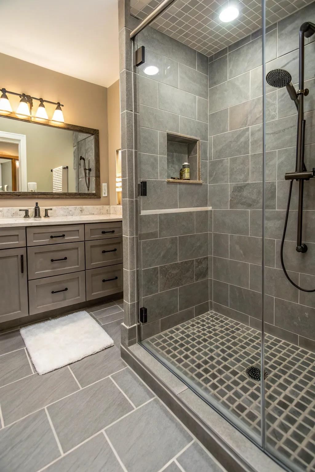 Tile-integrated drains blend effortlessly with floor design.