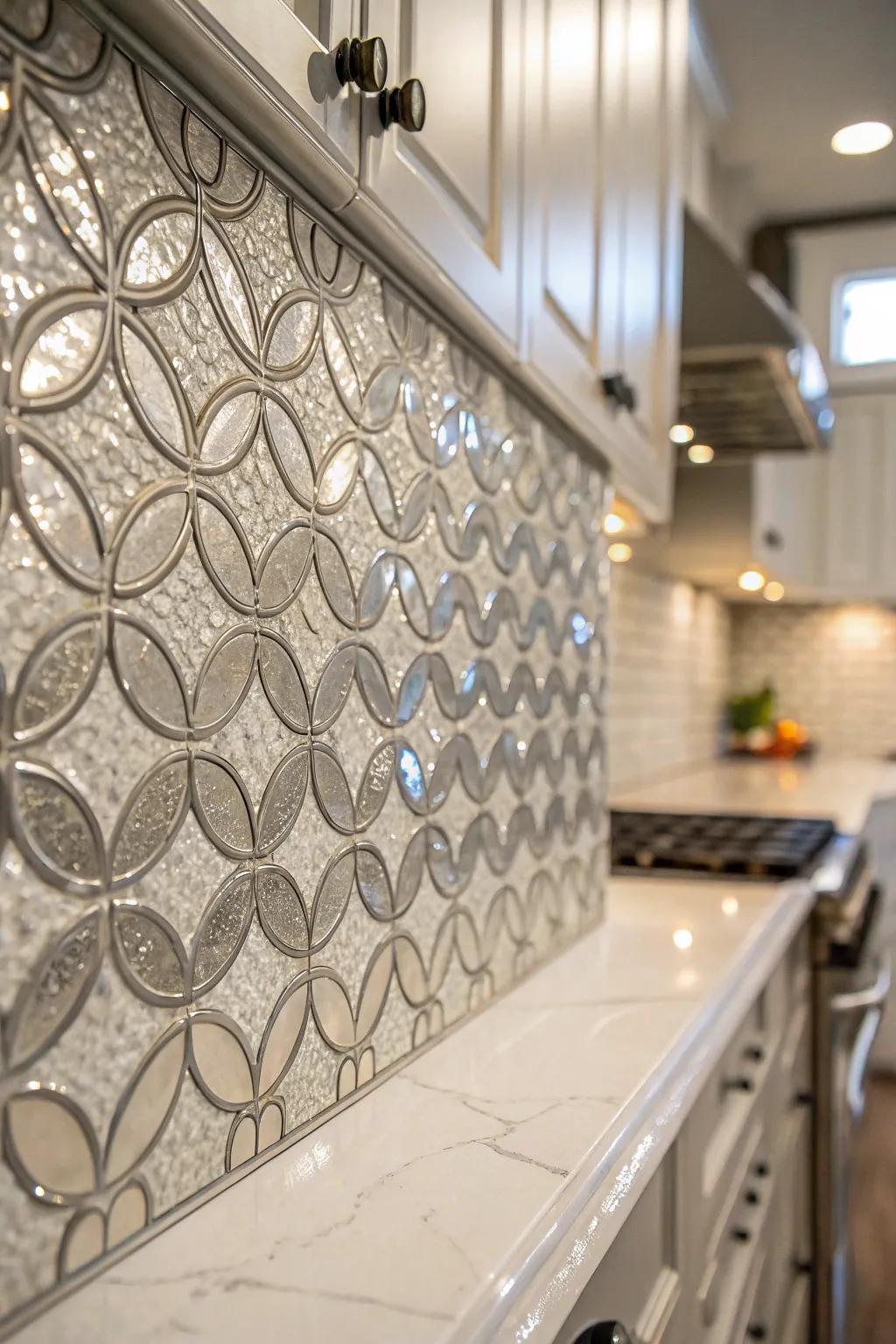 A captivating silver mosaic backsplash that stands out as an art piece.