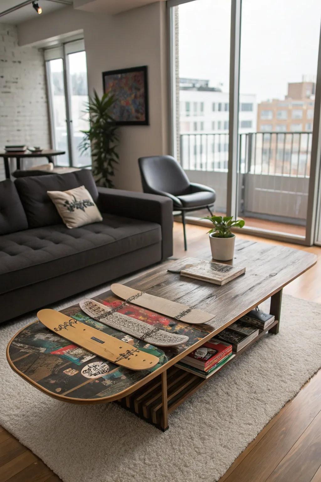 A creative coffee table crafted from skateboard decks.