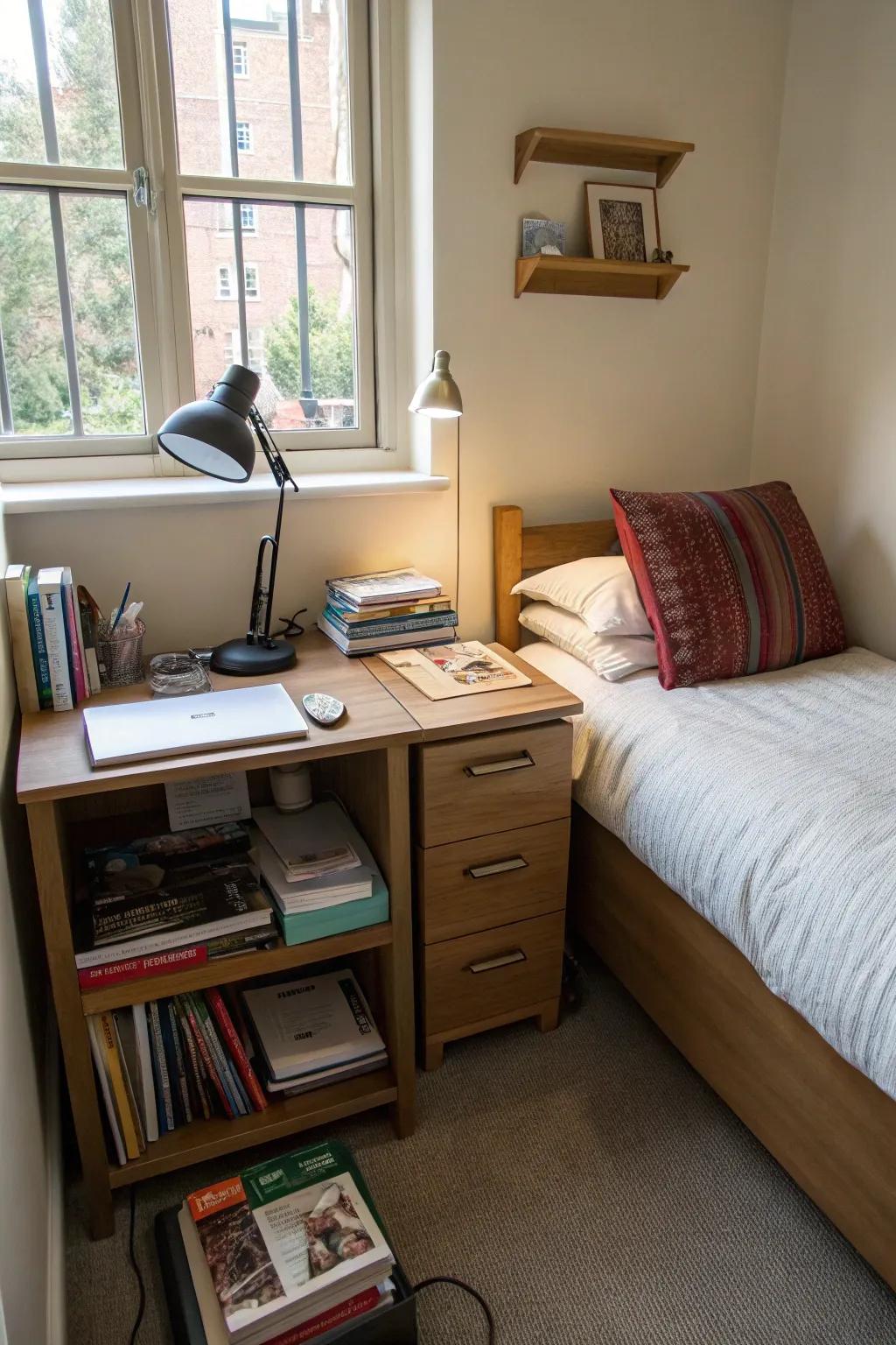 A desk that doubles as a nightstand maximizes utility in small bedrooms.