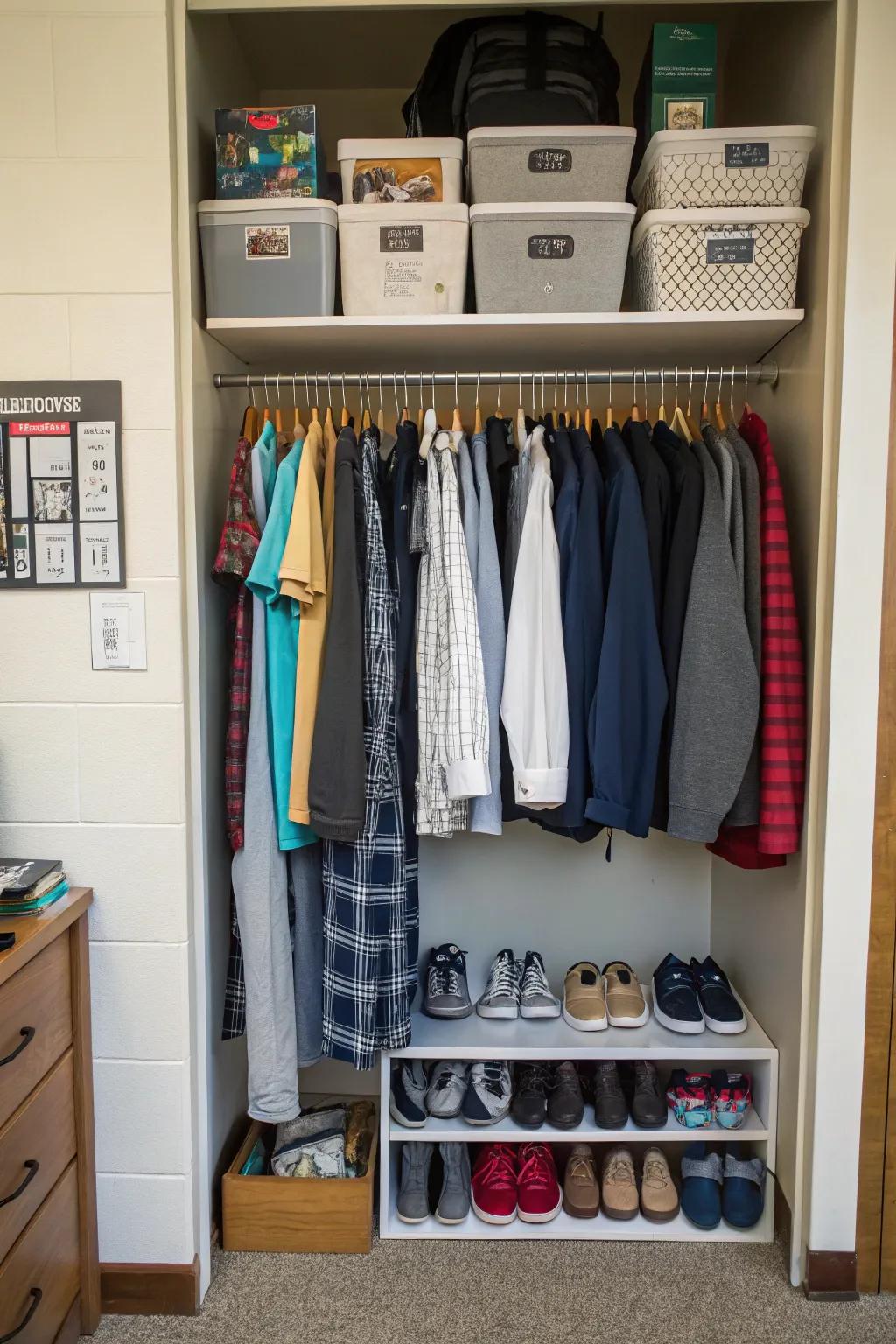 Utilize vertical space with hanging organizers for clothes and shoes.