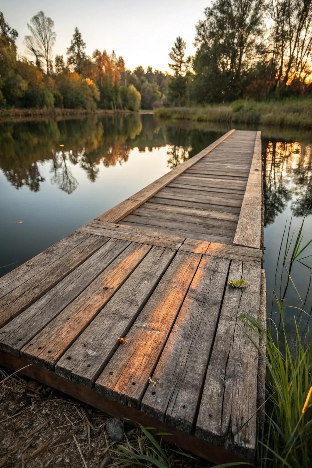 Embrace the rustic allure of reclaimed wood with this charming pond dock.