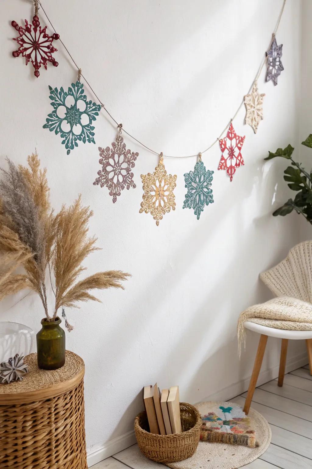 Add a splash of color and craftsmanship to your space with a vibrant snowflake garland, perfect for a minimalist yet bohemian touch!