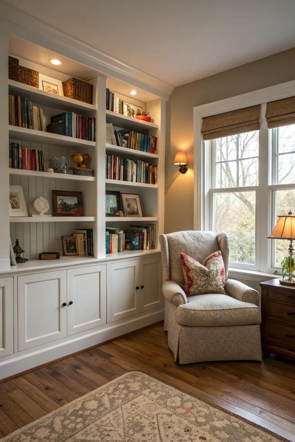 A built-in book nook adds charm and organization to your spare room.