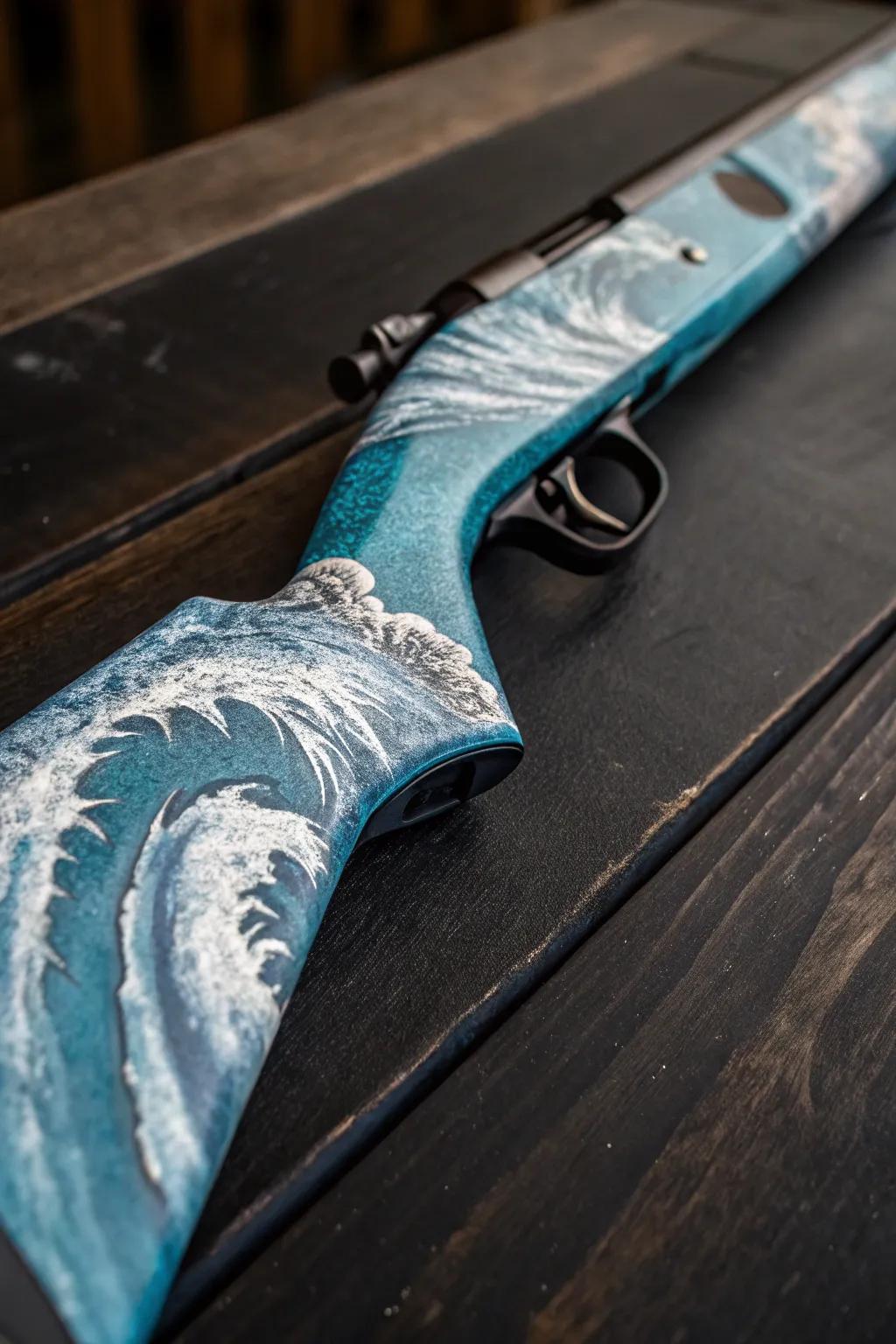 Immerse yourself in the tranquility of the ocean with this beautifully crafted rifle stock, where artistry meets functionality.