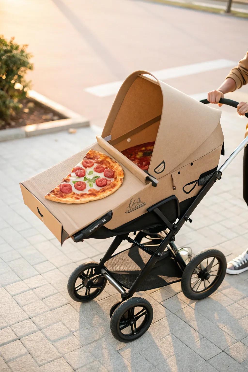 Deliver a slice of creativity this Halloween with a chic minimalist pizza stroller costume!