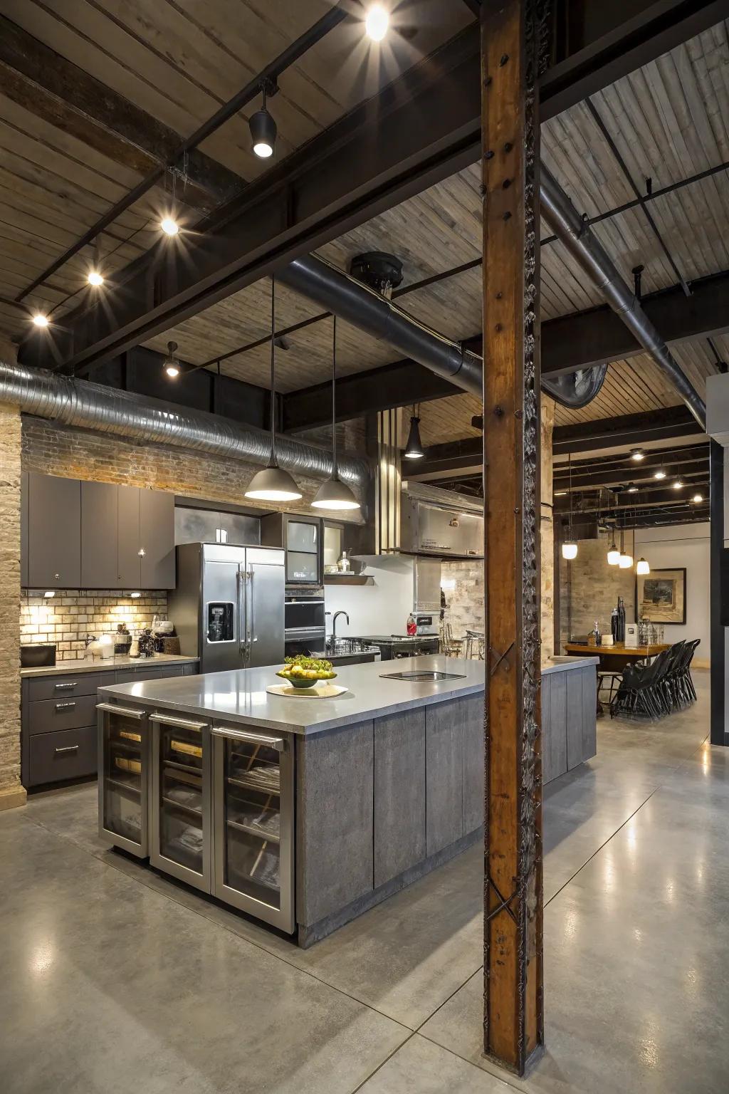 An industrial-style kitchen island with sleek metal support beams.
