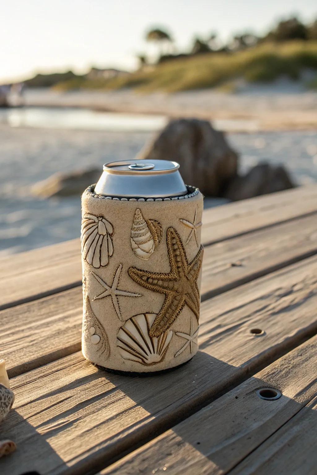 Craftsmanship meets coastal charm with these beach-themed koozies — the perfect summer accessory.
