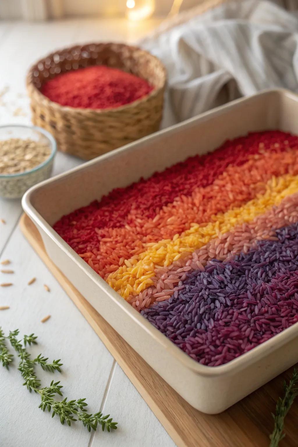 Dive into a world of color and creativity with our Rainbow Rice sensory bin, where simplicity meets vibrant imagination.