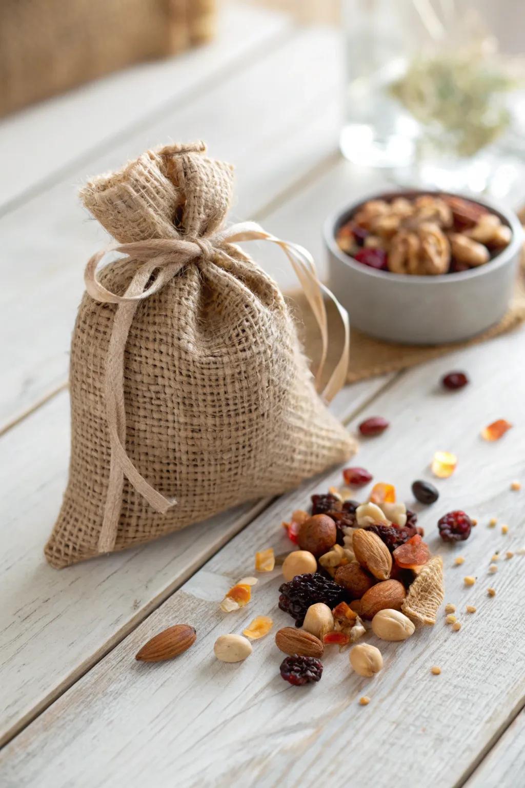 Elevate your Thanksgiving with charming rustic burlap goodie bags filled with nature's bounty!
