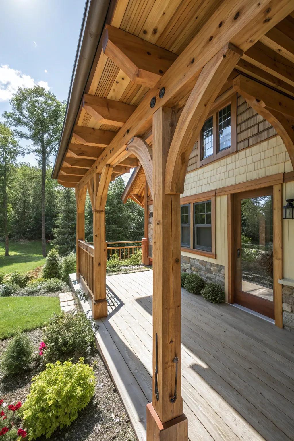 Discover the charm and elegance of a handcrafted timber frame wrap-around porch, where craftsmanship meets nature.