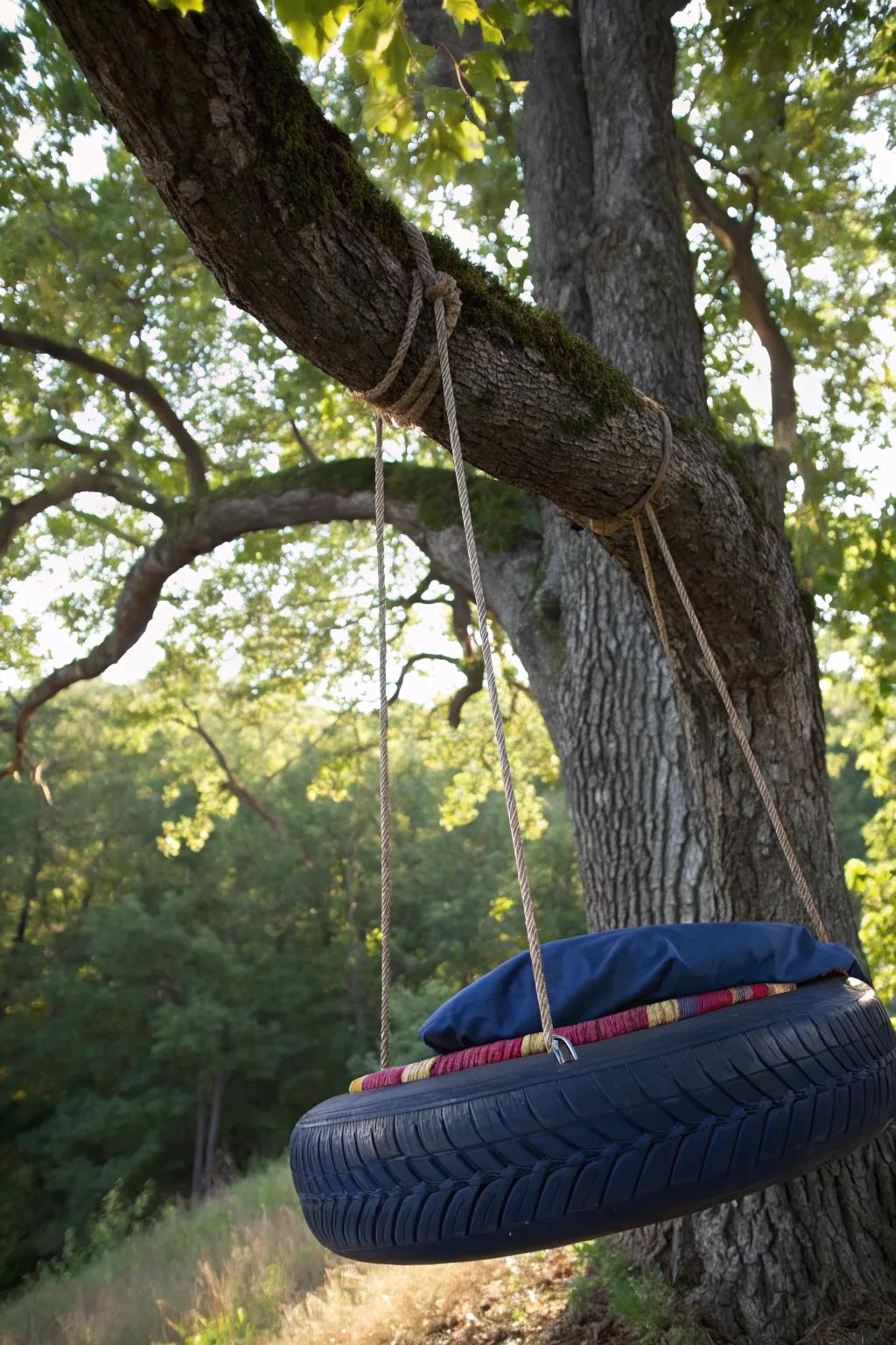 Elevate your outdoor relaxation with this cushioned tire swing, where craftsmanship meets comfort.