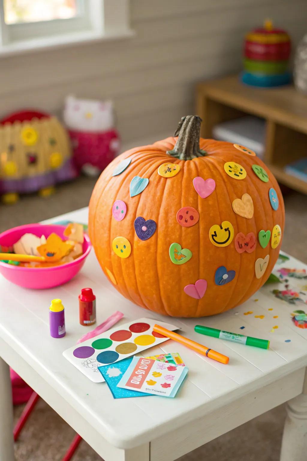 A sticker-covered pumpkin ready for Halloween fun.