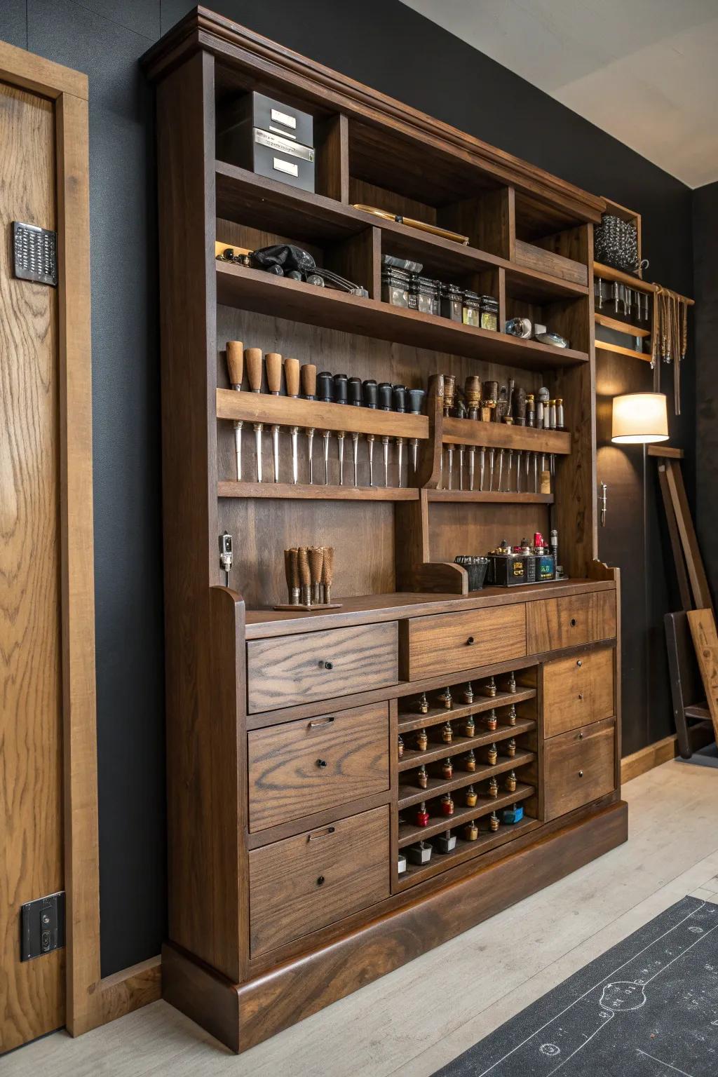Master the art of organization with handcrafted shelving that elevates your tool storage game.